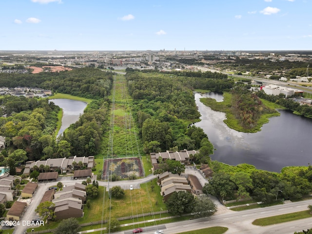 aerial view featuring a water view