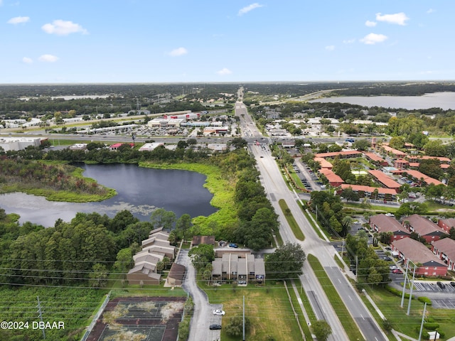 bird's eye view with a water view