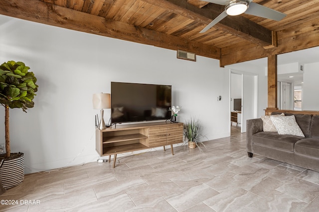 living room with beamed ceiling, ceiling fan, and wooden ceiling