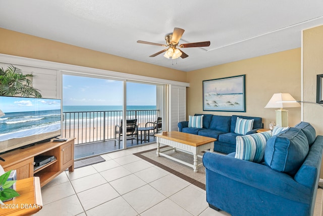 living room with light tile patterned floors and ceiling fan