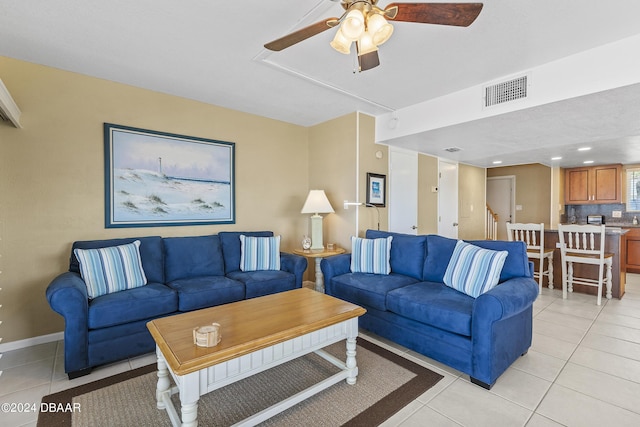 815 Ocean Shore Blvd Unit U1B, Ormond Beach, FL 32176 - living room with light tile patterned flooring, a ceiling fan, baseboards, and recessed lighting