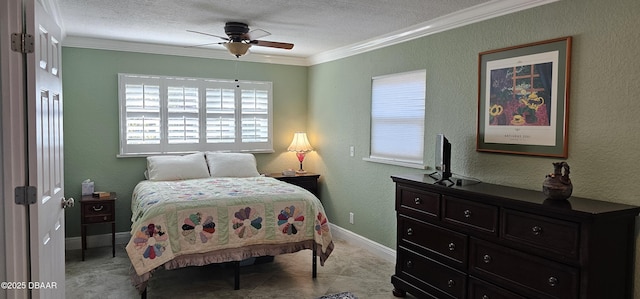 bedroom featuring crown molding, a textured wall, and a textured ceiling