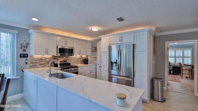 kitchen with visible vents, crown molding, decorative backsplash, stainless steel appliances, and a sink