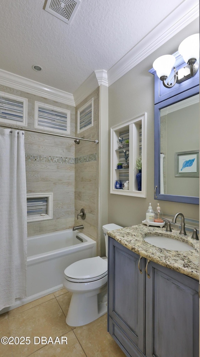 3368 Marsili Ave, New Smyrna Beach, FL 32168 - full bathroom with ornamental molding, vanity, tile patterned floors, shower / bath combo with shower curtain, and a textured ceiling