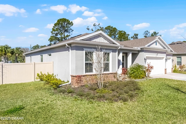 ranch-style house with fence, a garage, stone siding, driveway, and a front lawn