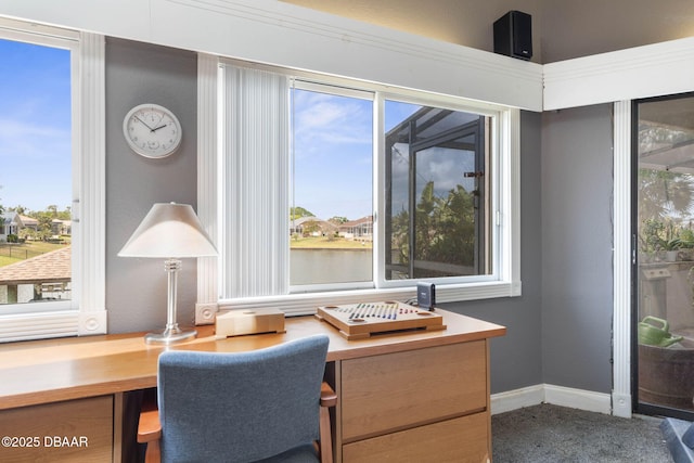 carpeted home office with a healthy amount of sunlight