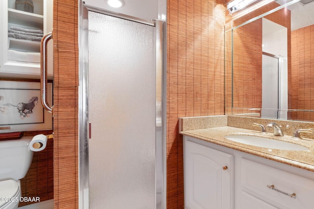 bathroom featuring toilet, a stall shower, and vanity