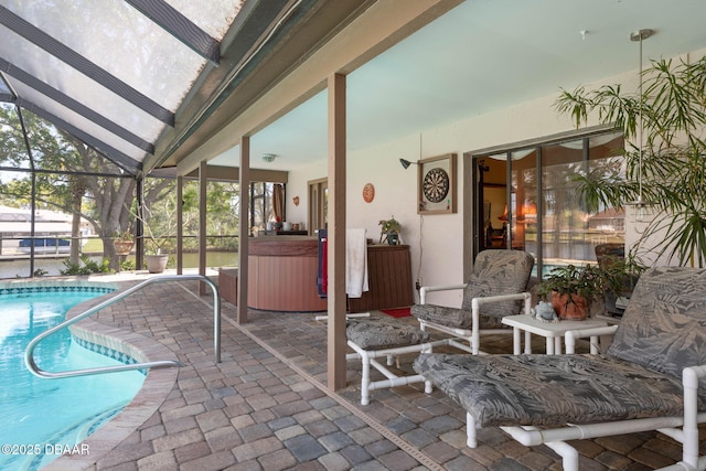 exterior space featuring an outdoor pool and glass enclosure