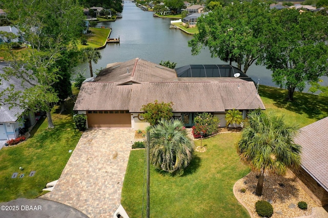 aerial view with a water view and a residential view