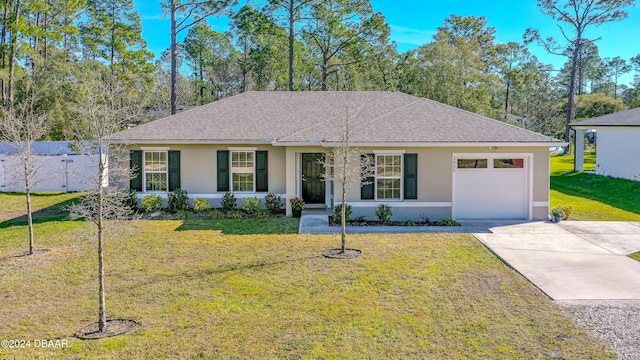 single story home with a front lawn and a garage