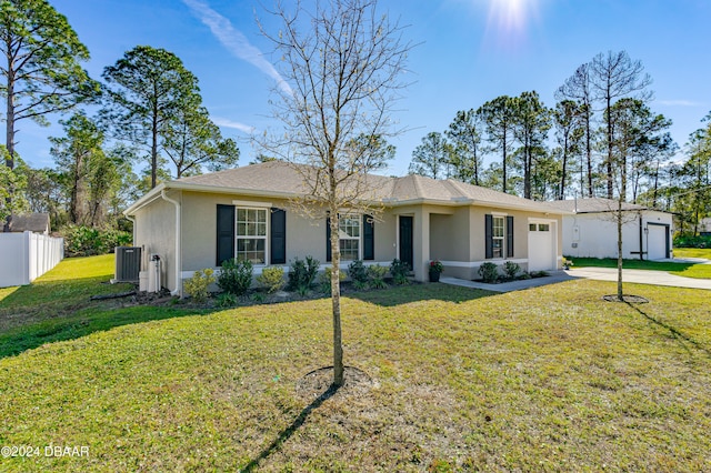 single story home with central AC unit and a front lawn