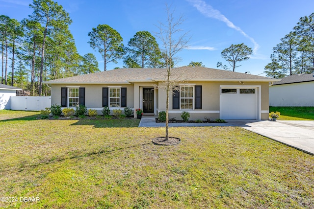 single story home featuring a front yard and a garage