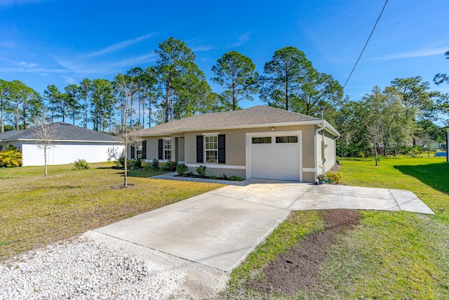 single story home featuring a garage and a front lawn