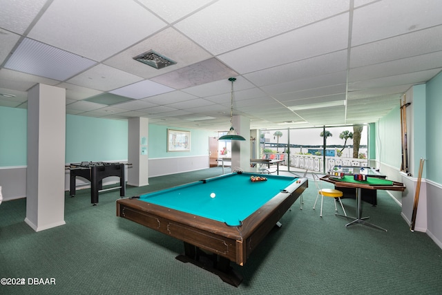 playroom featuring pool table, carpet flooring, and a paneled ceiling