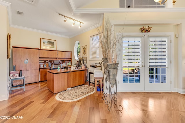 203 Prestwick Dr, New Smyrna Beach, FL 32168 - office featuring ornamental molding, track lighting, light wood-style floors, and french doors