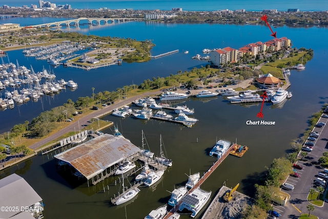 aerial view featuring a water view