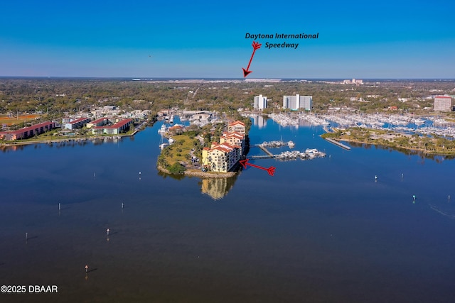 aerial view with a city view and a water view