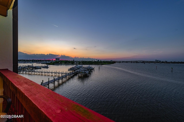 view of dock featuring a water view