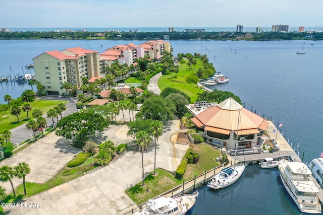 aerial view featuring a water view