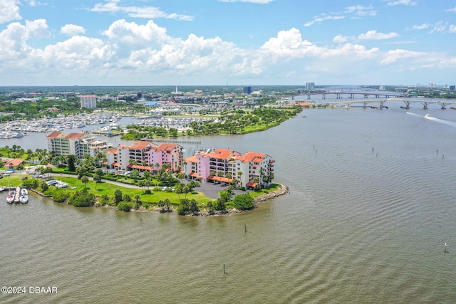 drone / aerial view with a water view