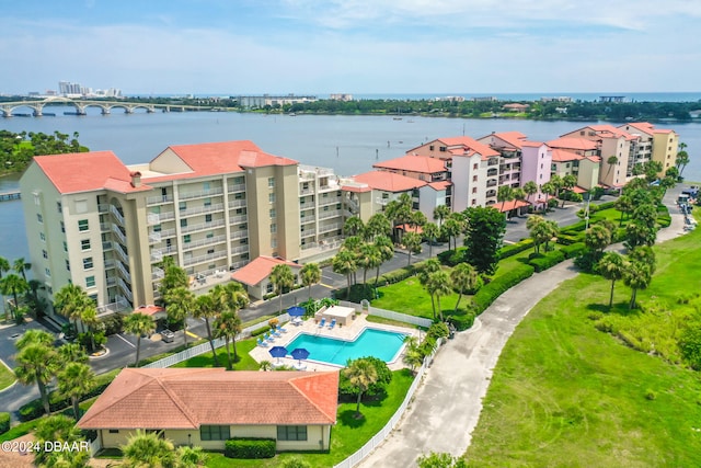 aerial view featuring a water view