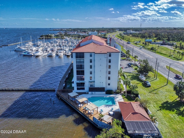 aerial view featuring a water view