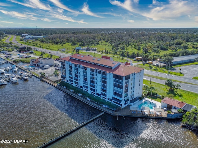 drone / aerial view featuring a water view