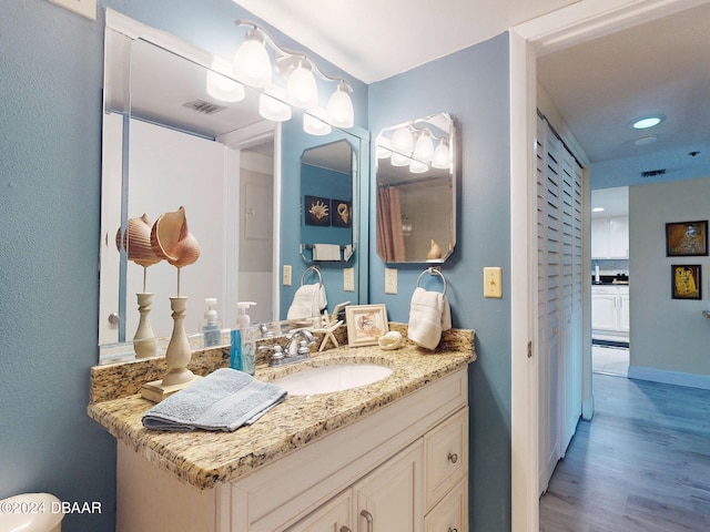 bathroom with vanity and wood-type flooring