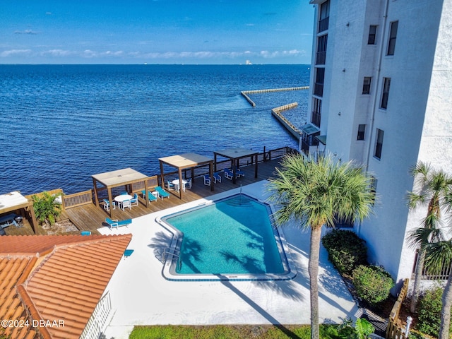 view of swimming pool with a deck with water view