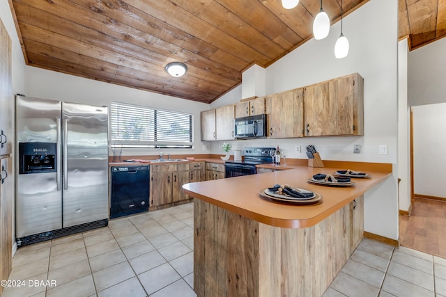 500 Sandy Oaks Blvd, Ormond Beach, FL 32174 - kitchen with black appliances, lofted ceiling, a peninsula, light tile patterned flooring, and wood ceiling