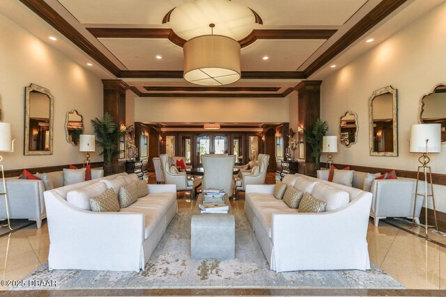 20 Porto Mar Unit 302, Palm Coast, FL 32137 - tiled living room featuring coffered ceiling, beam ceiling, and recessed lighting