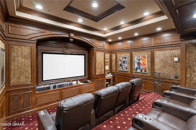 20 Porto Mar Unit 302, Palm Coast, FL 32137 - home theater featuring carpet, a decorative wall, ornamental molding, and wooden walls