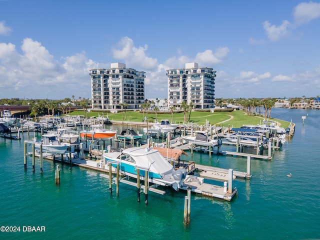 view of dock with a water view