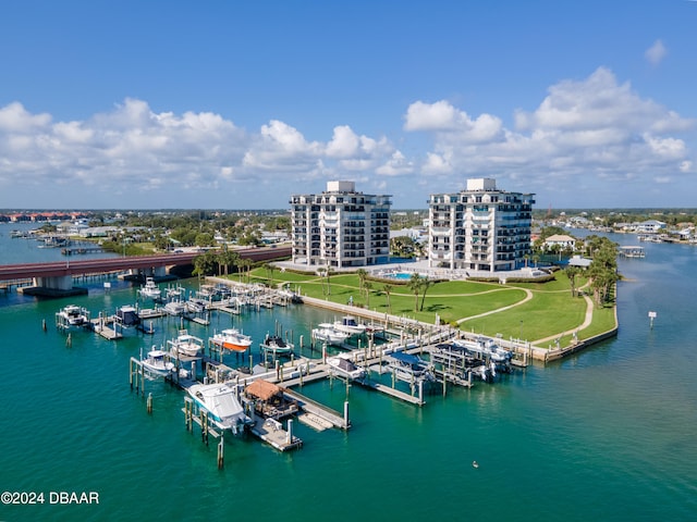 drone / aerial view with a water view