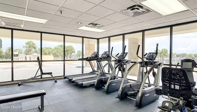 exercise room featuring expansive windows, a healthy amount of sunlight, and a drop ceiling