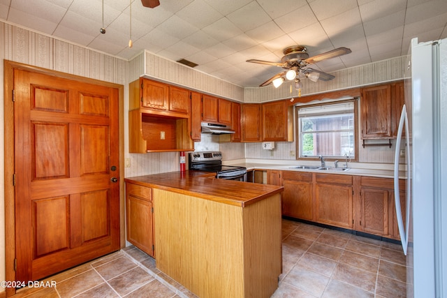 kitchen with stainless steel range with electric stovetop, sink, ceiling fan, white fridge, and kitchen peninsula