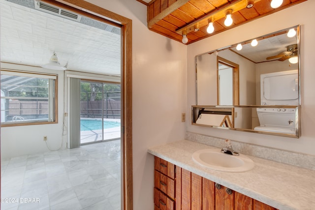 bathroom featuring vanity, ceiling fan, and wooden ceiling