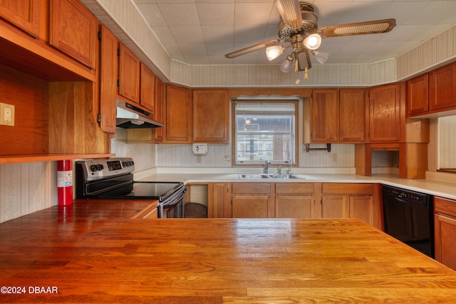 kitchen featuring stainless steel electric range, dishwasher, wooden counters, sink, and ceiling fan