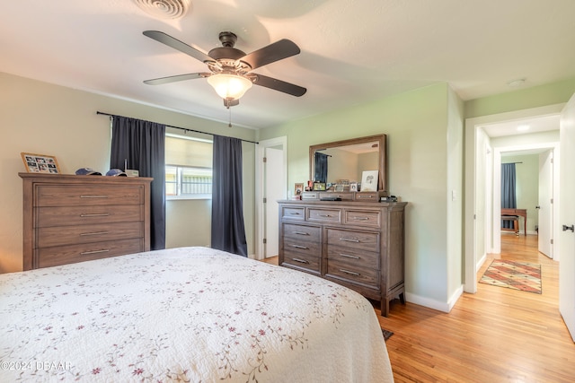 bedroom featuring light hardwood / wood-style flooring and ceiling fan