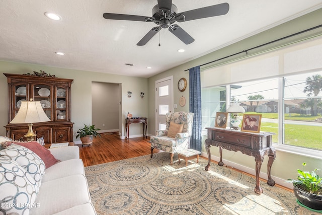 living room with hardwood / wood-style floors and ceiling fan