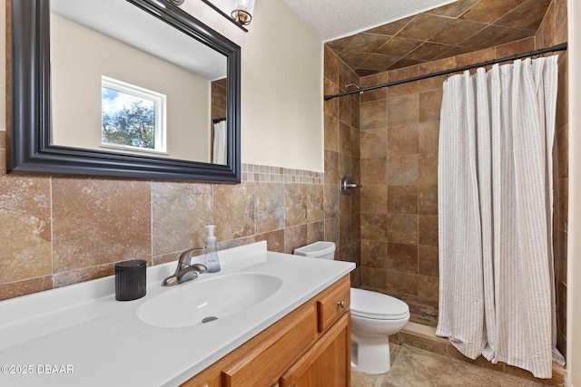 208 Pine Cone Trl, Ormond Beach, FL 32174 - bathroom featuring toilet, vanity, tile walls, and a tile shower