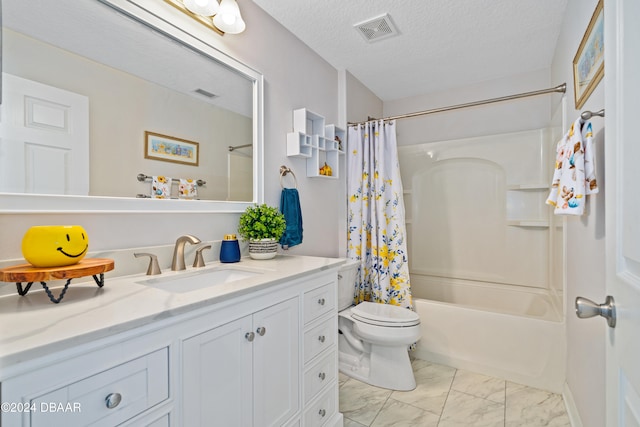 full bathroom featuring vanity, shower / tub combo, a textured ceiling, and toilet