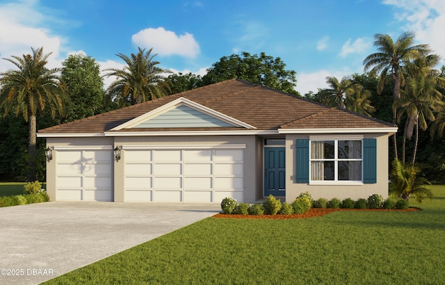 ranch-style home with a garage, concrete driveway, a tiled roof, a front lawn, and stucco siding