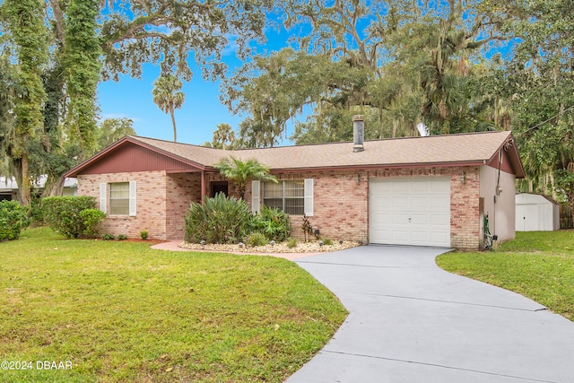 ranch-style house with a garage and a front lawn