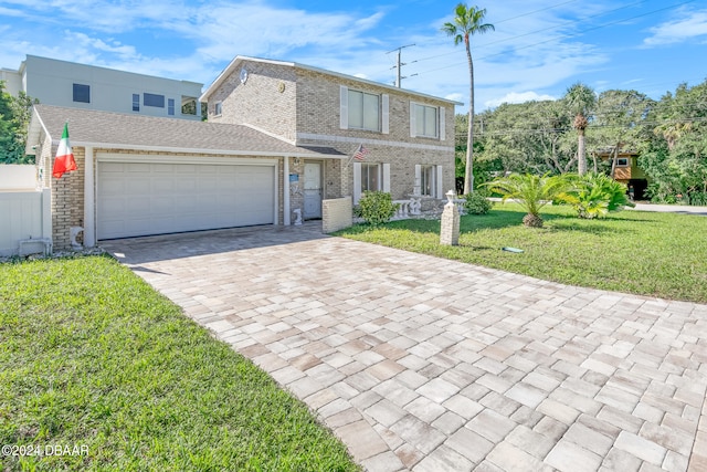 front facade featuring a front lawn and a garage