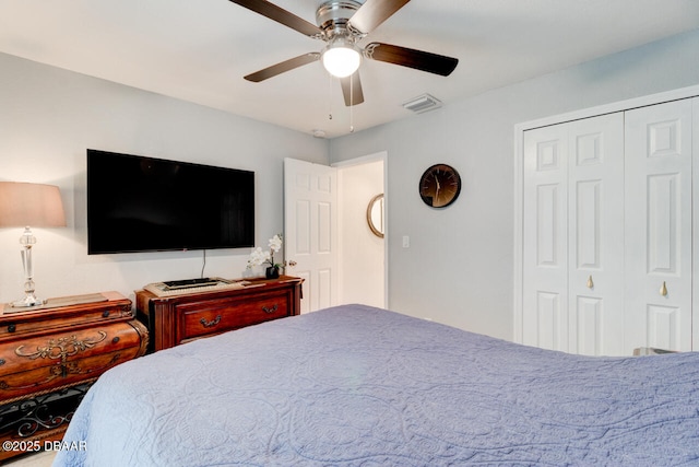 bedroom featuring ceiling fan and a closet