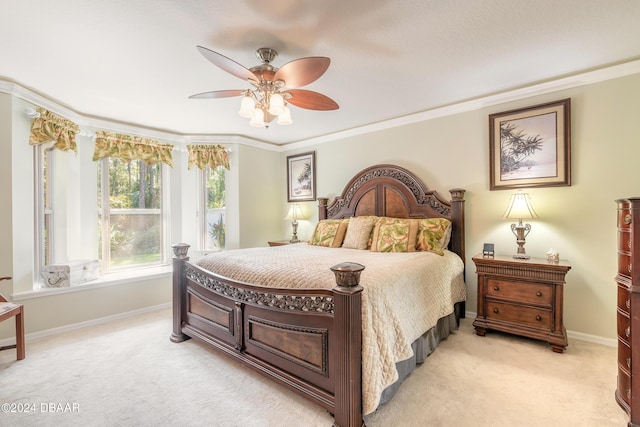 5452 Saint Regis Way, Port Orange, FL 32128 - bedroom with light carpet, crown molding, and ceiling fan
