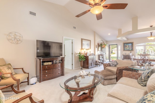 5452 Saint Regis Way, Port Orange, FL 32128 - living area featuring carpet flooring, a ceiling fan, and high vaulted ceiling