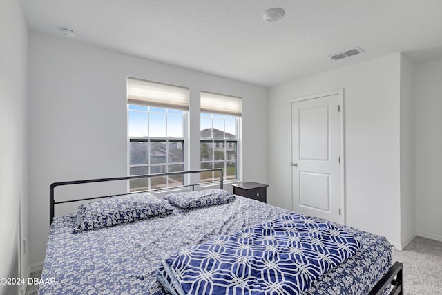 bedroom with carpet and a textured ceiling