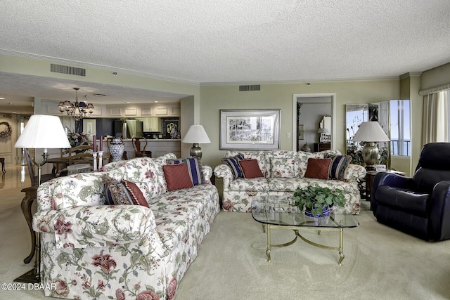 2425 S Atlantic Ave Unit 1403, Daytona Beach, FL 32118 - carpeted living room featuring a chandelier, a textured ceiling, and crown molding